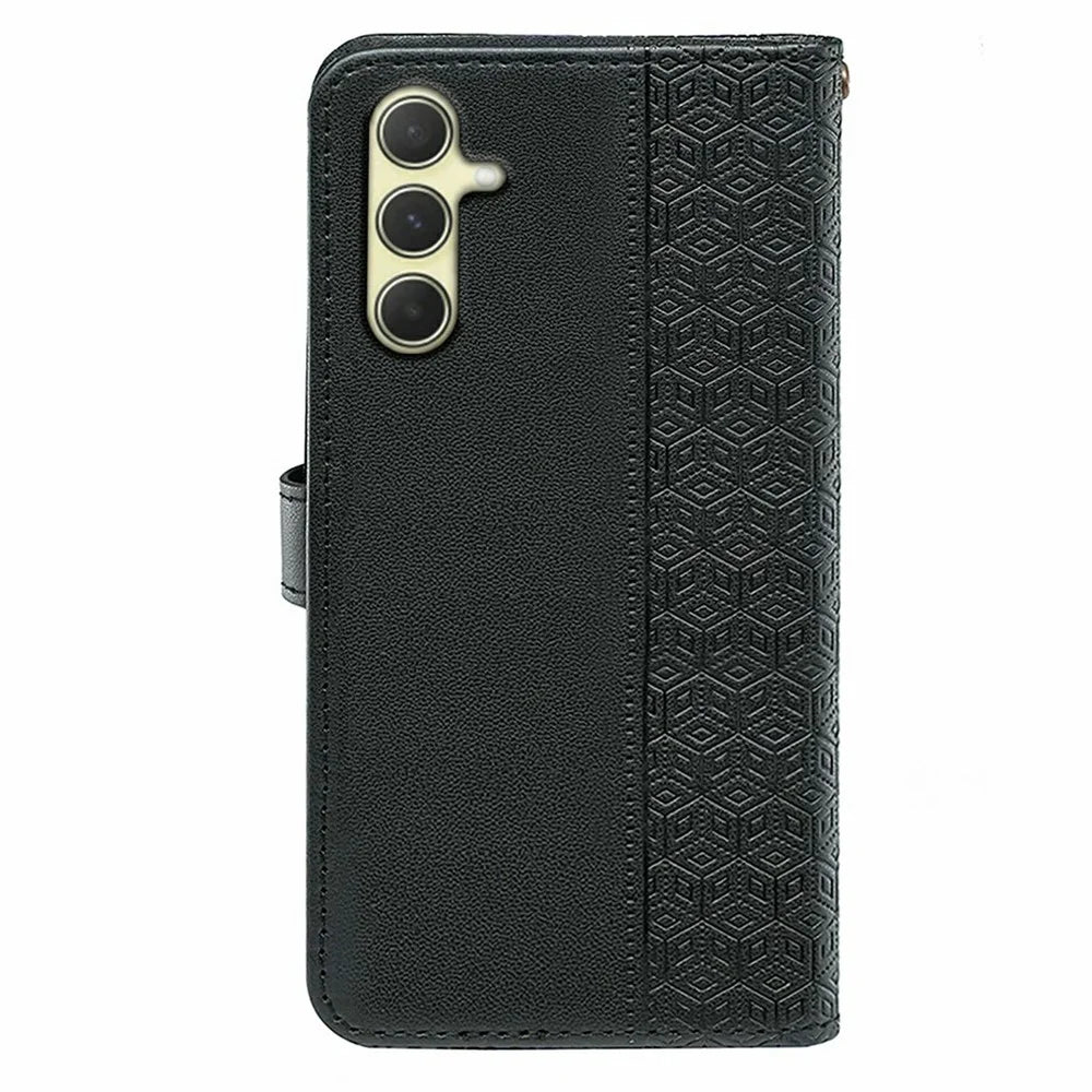 For Samsung Galaxy S25 / S24 Case Anti Scratch Splicing Imprinted Rhombus Leather Phone Cover - Black - 7