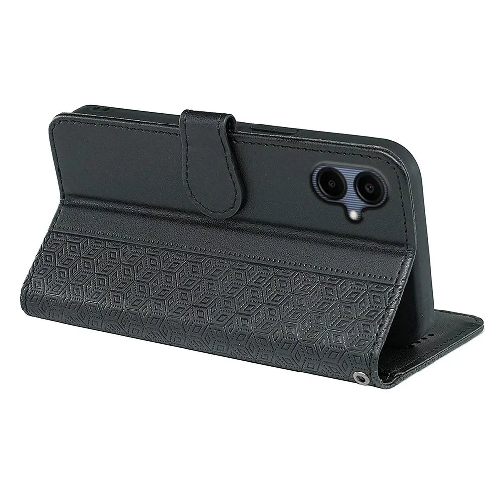 For Samsung Galaxy A06 4G Case Anti Scratch Splicing Imprinted Rhombus Leather Phone Cover - Black - 4