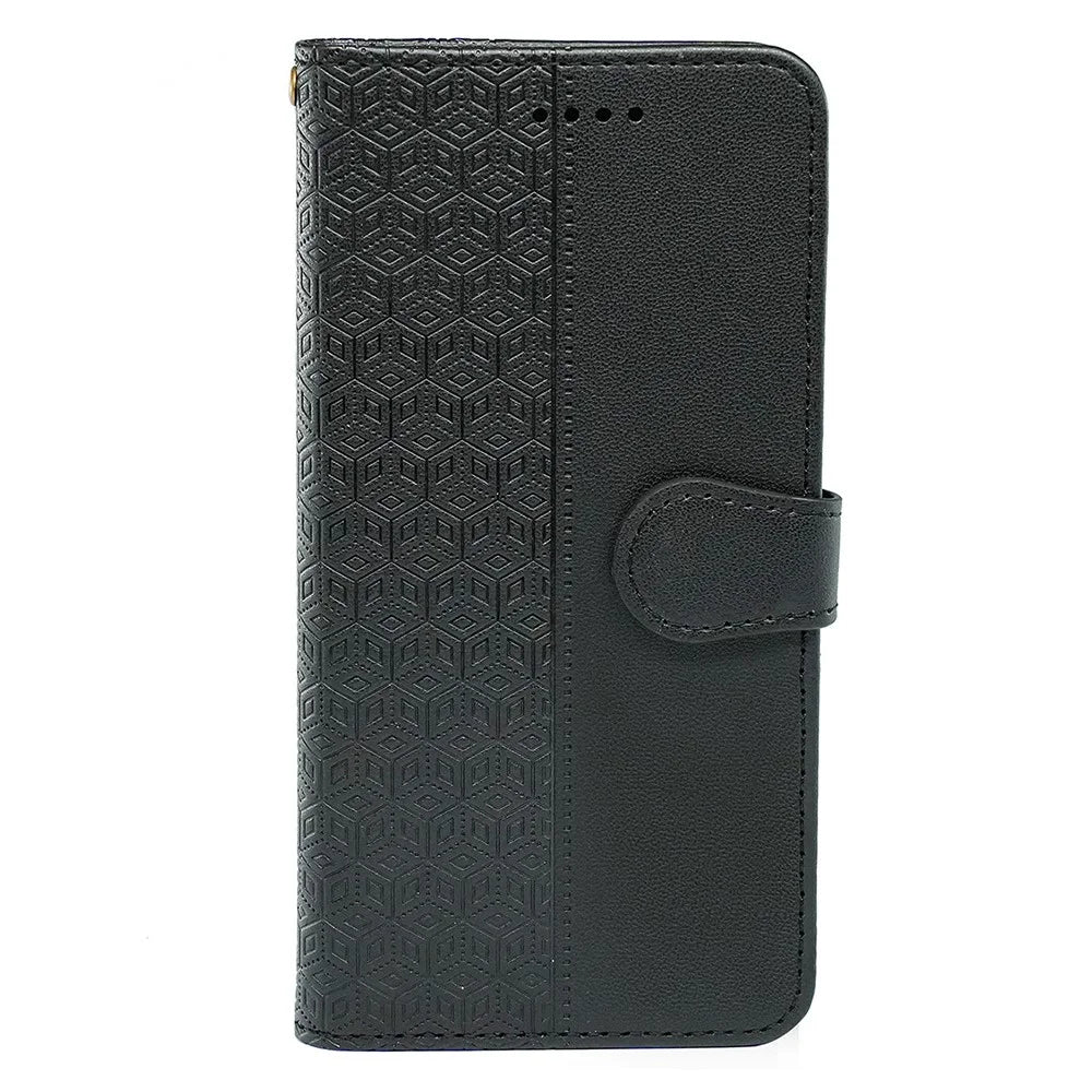 For Samsung Galaxy A06 4G Case Anti Scratch Splicing Imprinted Rhombus Leather Phone Cover - Black - 5