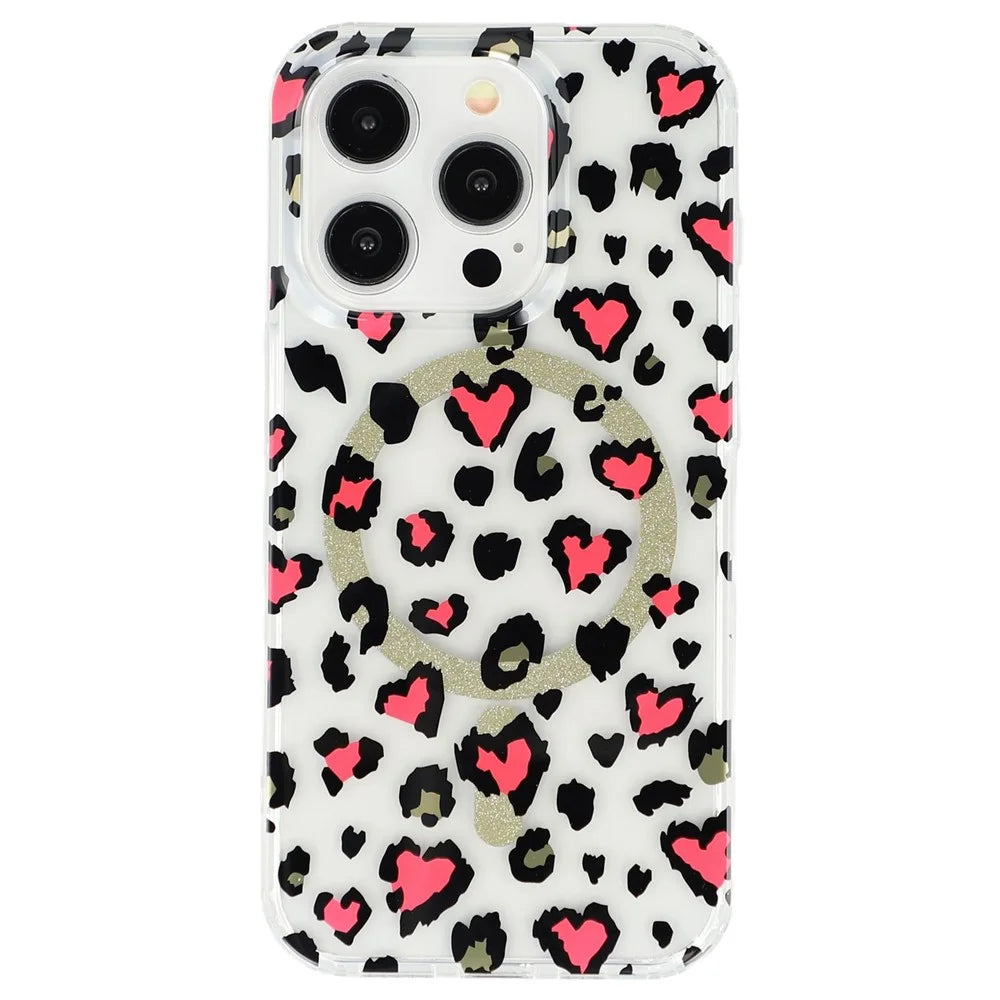 For iPhone 15 Pro Max Magnetic Case Clear Anti-Yellowing PC + TPU Phone Back Cover Leopard Print Design - Red - 3