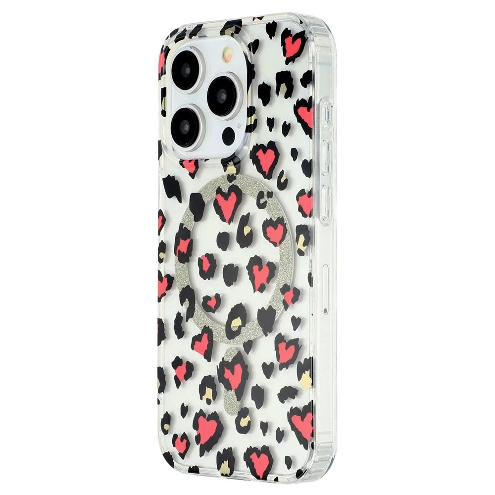 For iPhone 15 Pro Max Magnetic Case Clear Anti-Yellowing PC + TPU Phone Back Cover Leopard Print Design - Red - 4