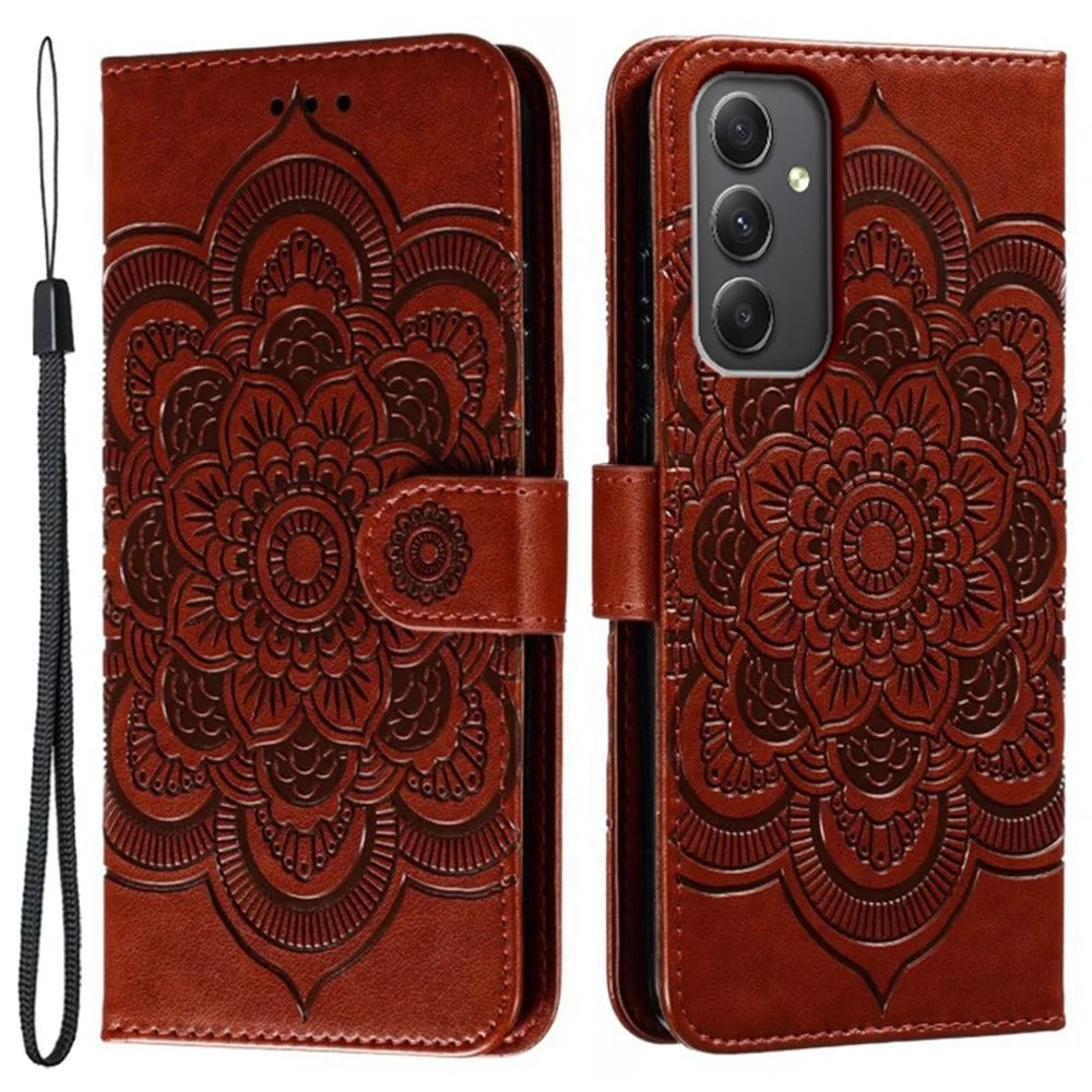 For Samsung Galaxy A56 5G / M56 5G Case PU Leather Mandala Imprinted Design Wallet Phone Cover - Brown - 1