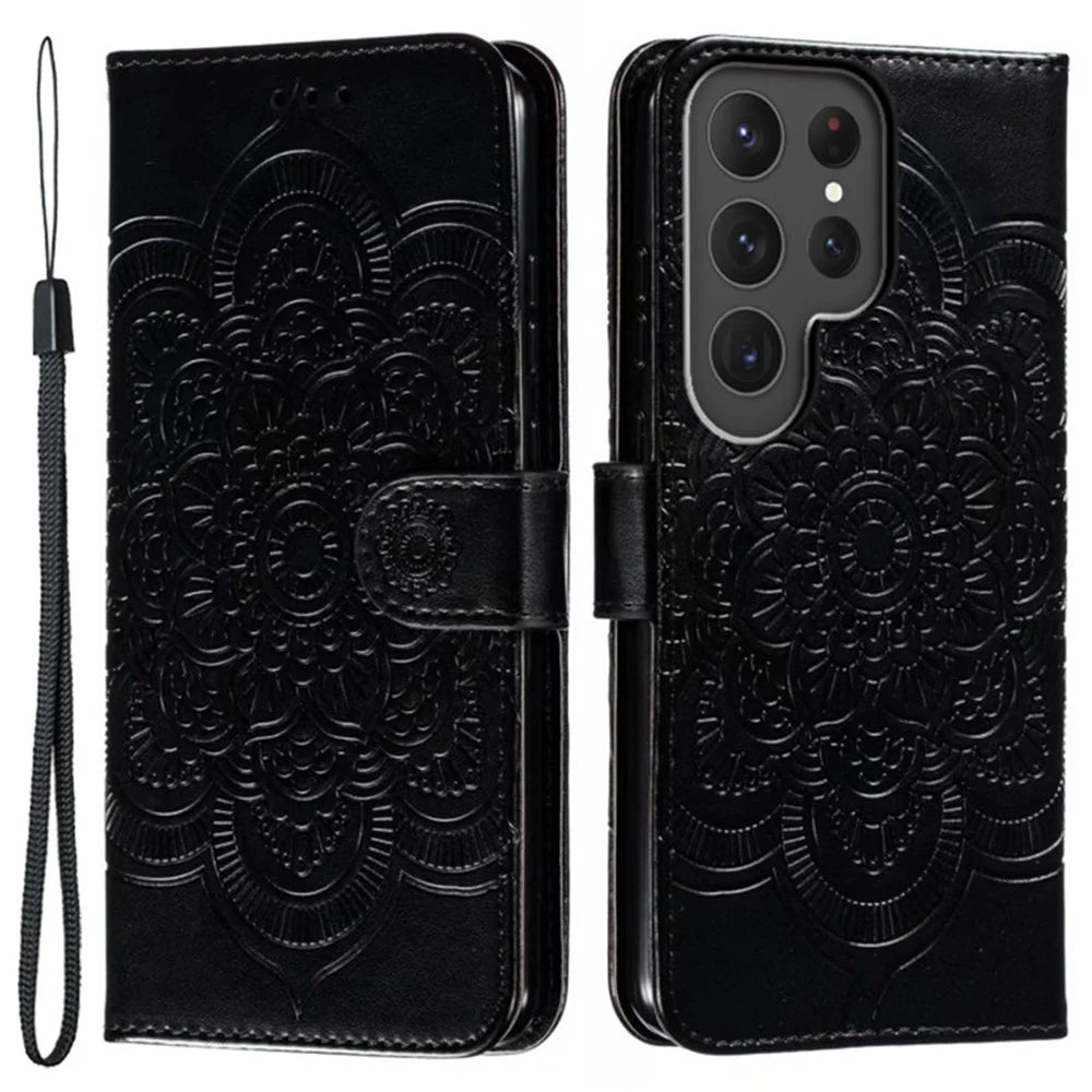 For Samsung Galaxy S24 Ultra Case PU Leather Mandala Imprinted Design Wallet Phone Cover - Black - 1