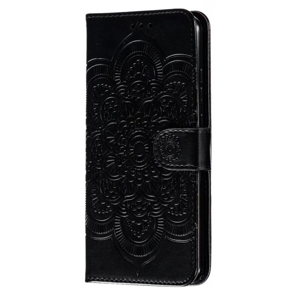 For Samsung Galaxy S24 Ultra Case PU Leather Mandala Imprinted Design Wallet Phone Cover - Black - 4