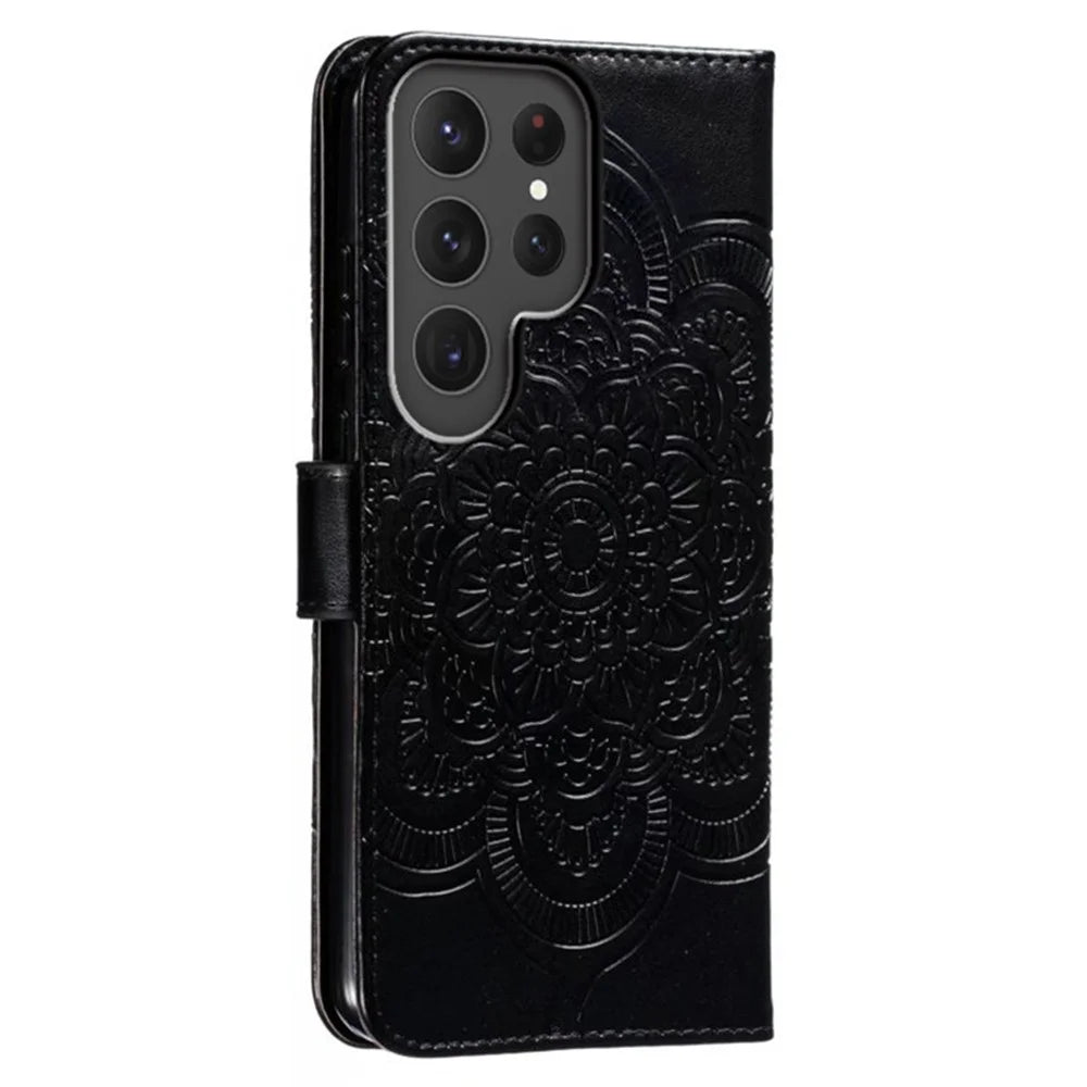For Samsung Galaxy S24 Ultra Case PU Leather Mandala Imprinted Design Wallet Phone Cover - Black - 5