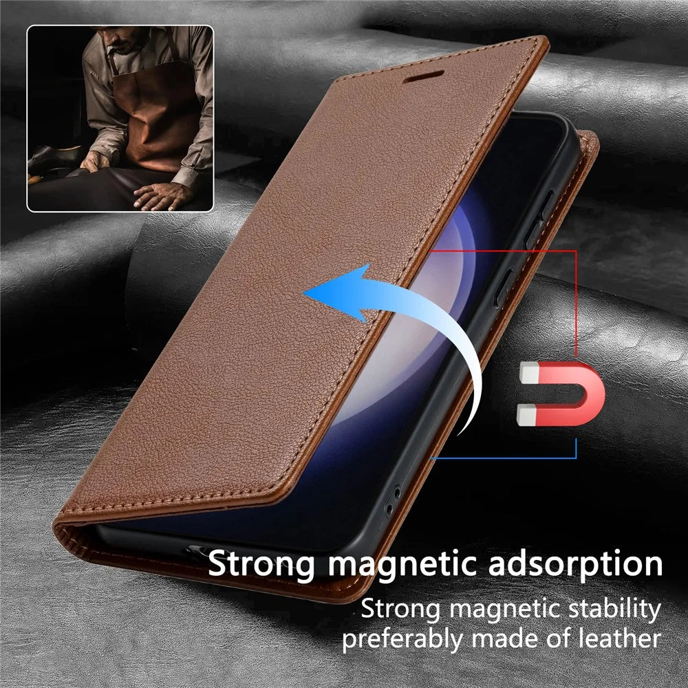 For Samsung Galaxy S25 Edge Wallet Case Magnetic Closure PU Leather Phone Cover - Brown - 5