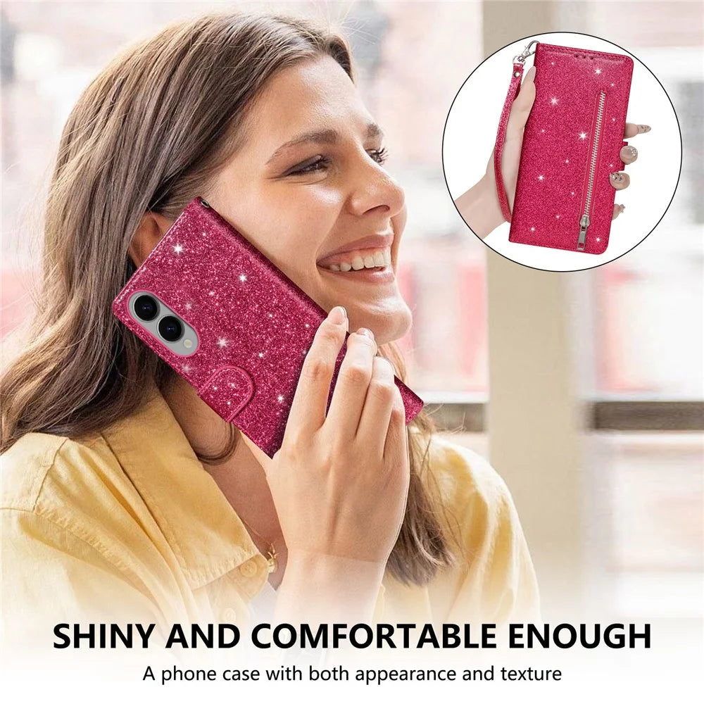 For Samsung Galaxy S25 Edge Stand Case Glitter Phone Leather Cover Zipper Pocket - Rose - 7