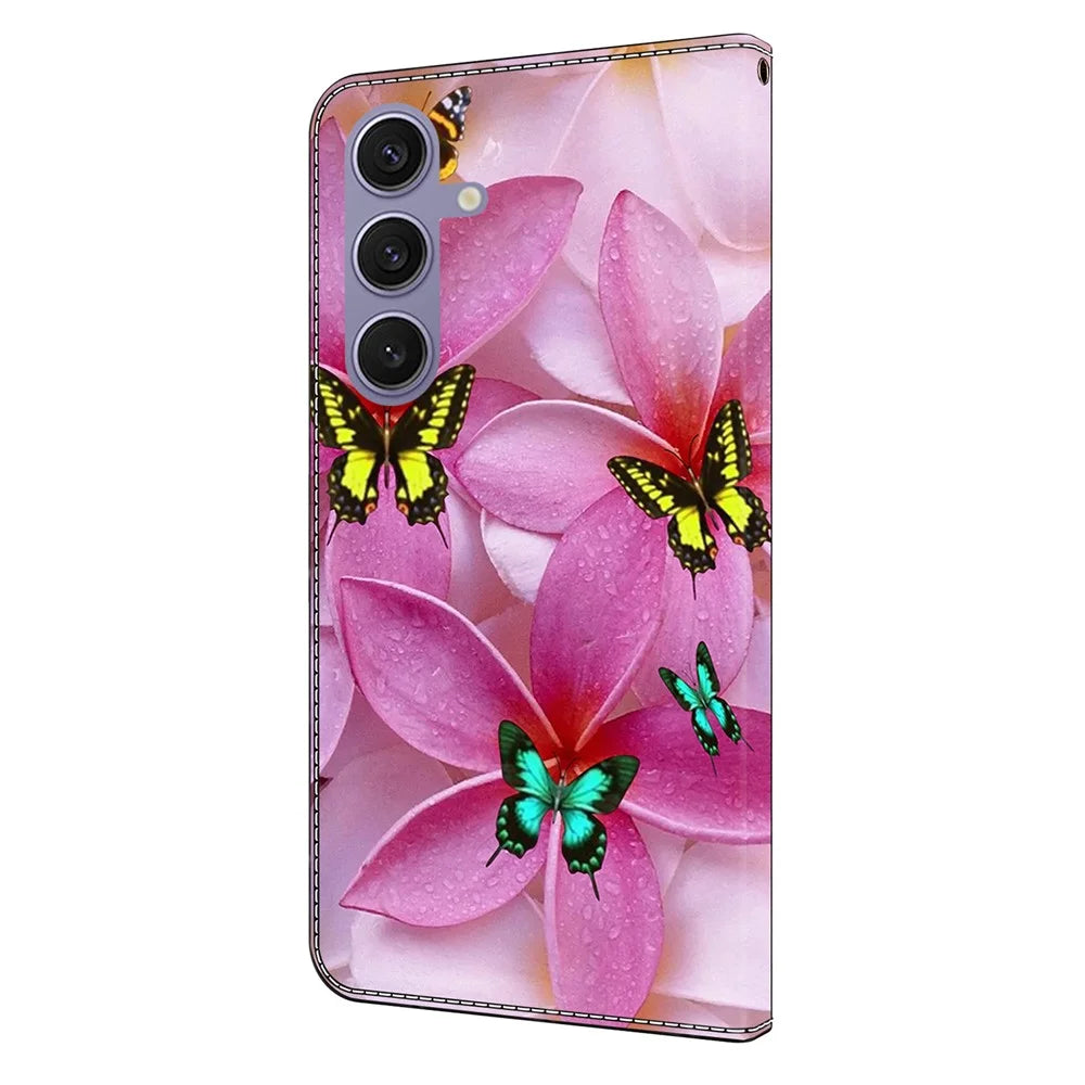 For Samsung Galaxy S25+ Wallet Case Pattern Printing Stand Leather Flip Phone Cover - Pink Floral Butterfly - 5