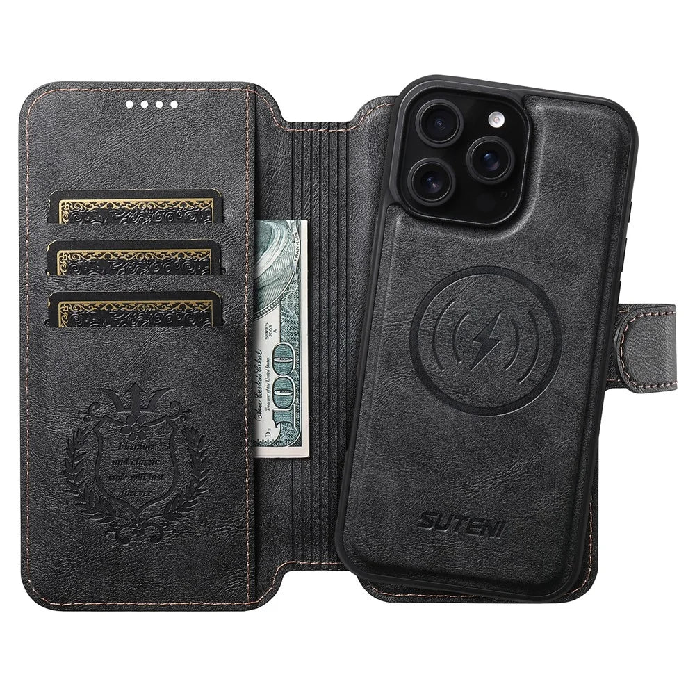 SUTENI Q-05 For iPhone 16 Pro Max Wallet Case 2 in 1 Detachable Leather Flip Phone Cover with Stand - Black - 2