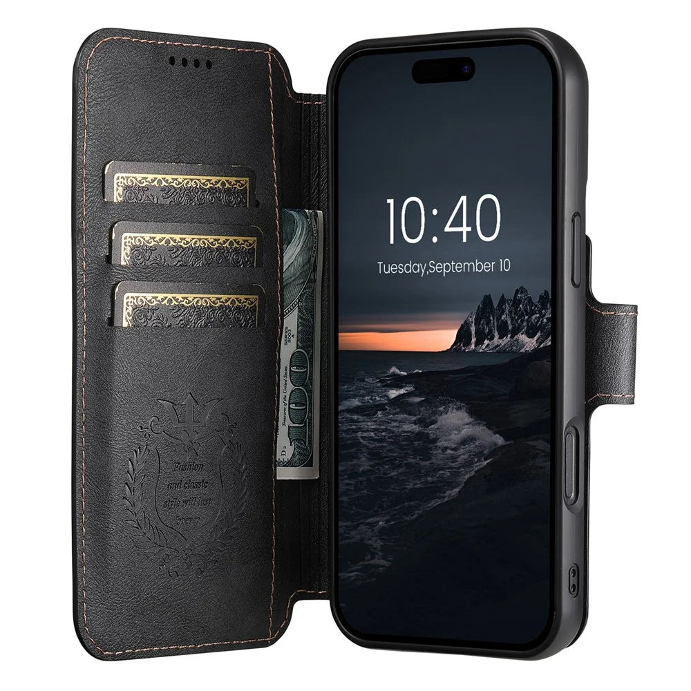 SUTENI Q-05 For iPhone 16 Pro Max Wallet Case 2 in 1 Detachable Leather Flip Phone Cover with Stand - Black - 3