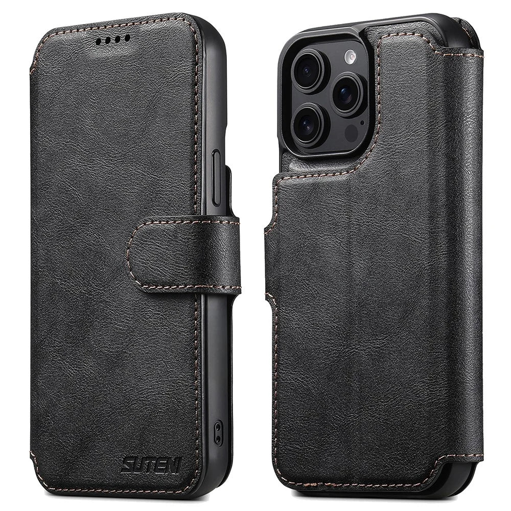 SUTENI Q-05 For iPhone 15 Pro Max Wallet Case 2 in 1 Detachable Leather Flip Phone Cover with Stand - Black - 1