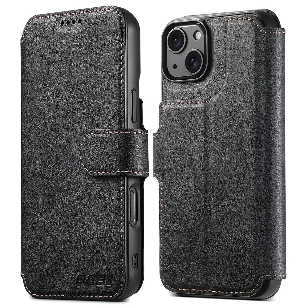 SUTENI Q-05 For iPhone 15 Plus / 14 Wallet Case 2 in 1 Detachable Leather Flip Phone Cover with Stand - Black - 1