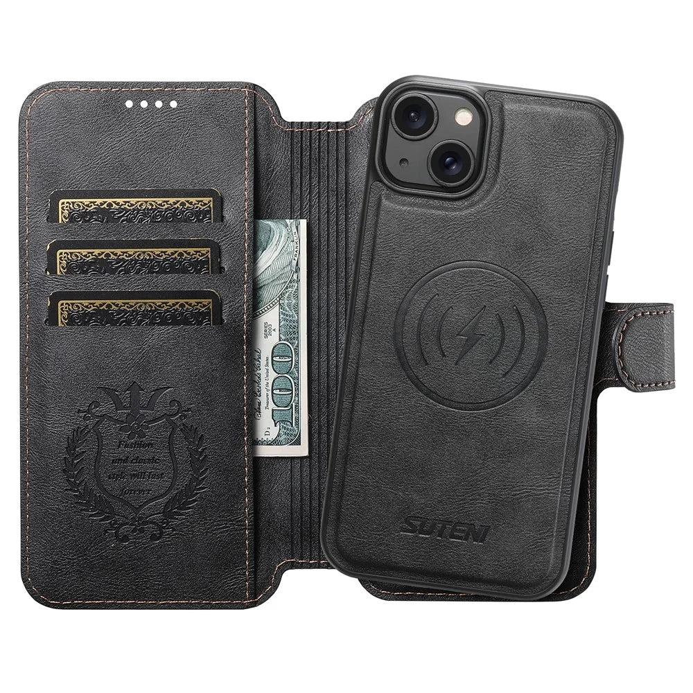 SUTENI Q-05 For iPhone 15 Plus / 14 Wallet Case 2 in 1 Detachable Leather Flip Phone Cover with Stand - Black - 2