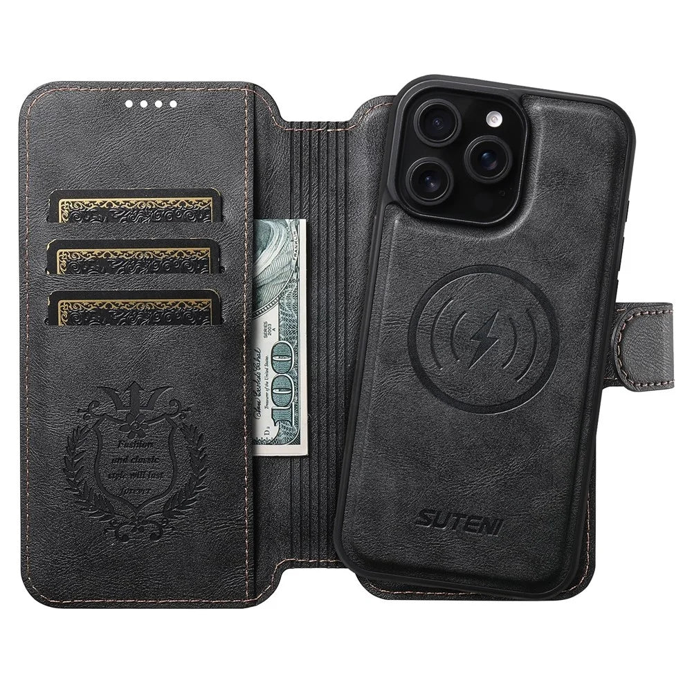 SUTENI Q-05 For iPhone 15 Pro Wallet Case 2 in 1 Detachable Leather Flip Phone Cover with Stand - Black - 2