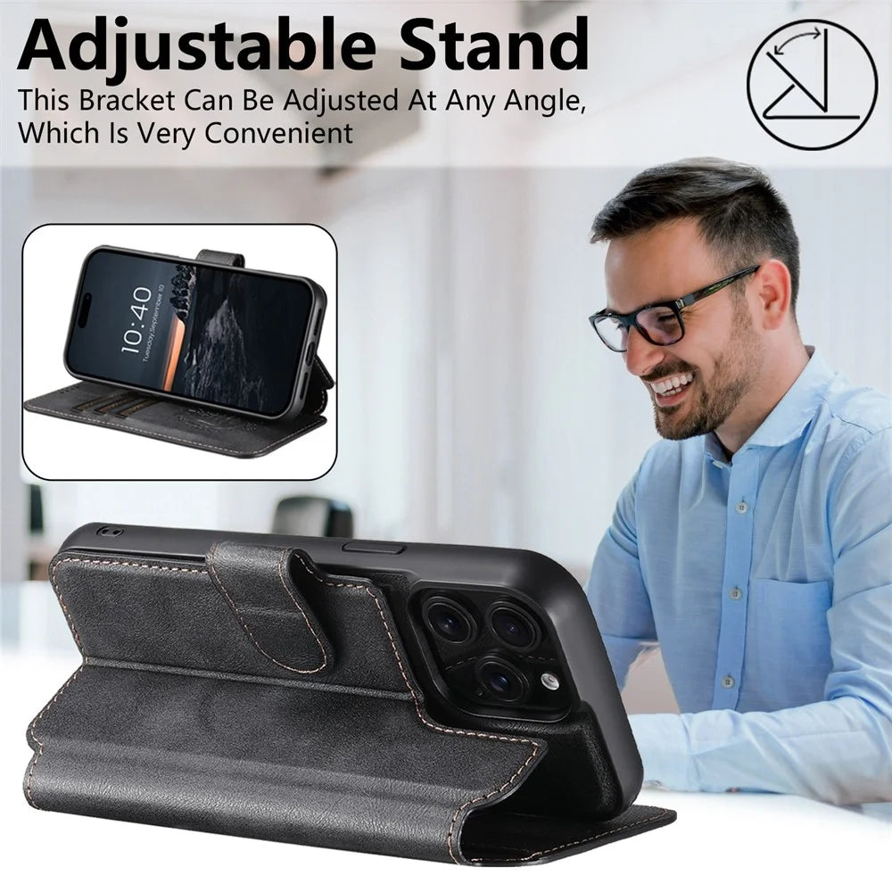 SUTENI Q-05 For iPhone 15 Pro Wallet Case 2 in 1 Detachable Leather Flip Phone Cover with Stand - Black - 7