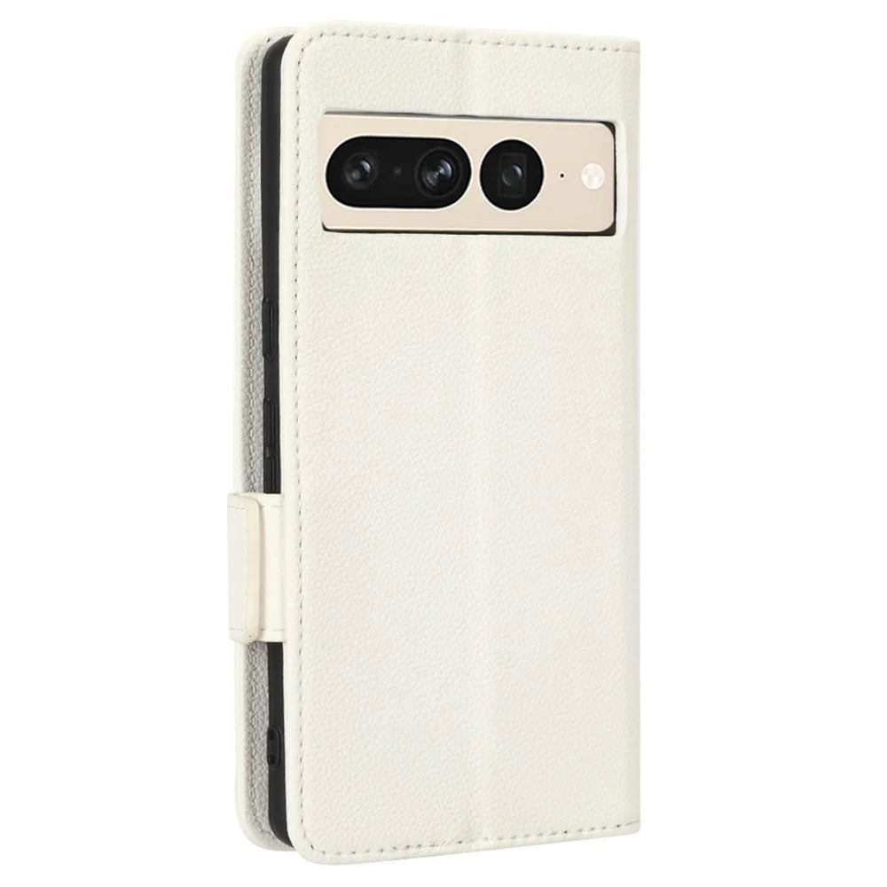 Litchi Texture Phone Cover for Google Pixel 7 Pro 5G, PU Leather Dual Magnetic Clasp Shockproof Phone Case Wallet Stand - White - 7