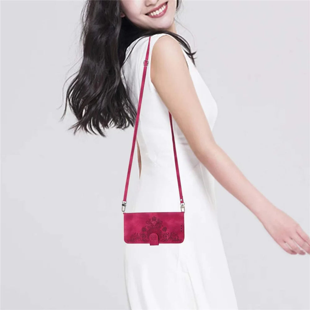 For Samsung Galaxy S25 Edge Case Flower Pattern PU Leather Wallet Phone Cover with Strap - Wine Red - 4