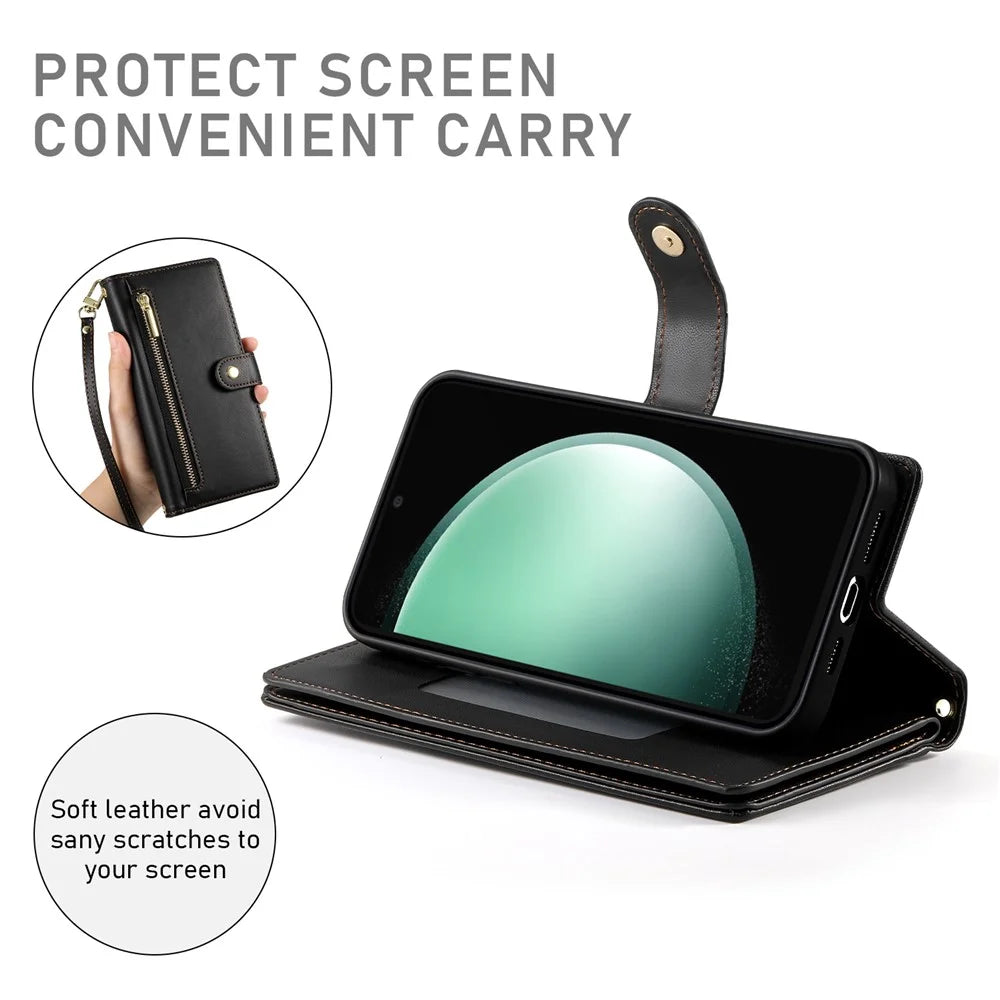 DF-011 For Samsung Galaxy S25 Edge Case Zipper Pocket Wallet Leather Phone Cover with Straps - Black - 3