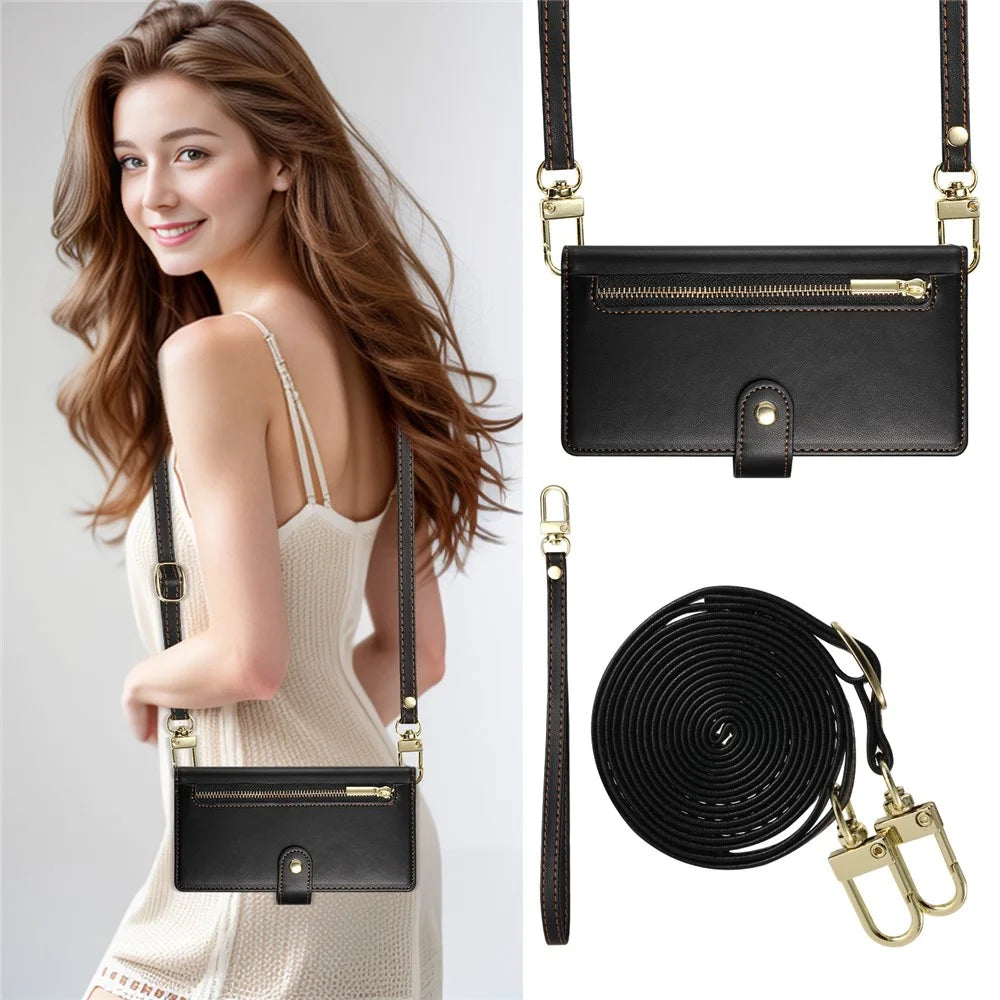 DF-011 For Samsung Galaxy S25 Edge Case Zipper Pocket Wallet Leather Phone Cover with Straps - Black - 4