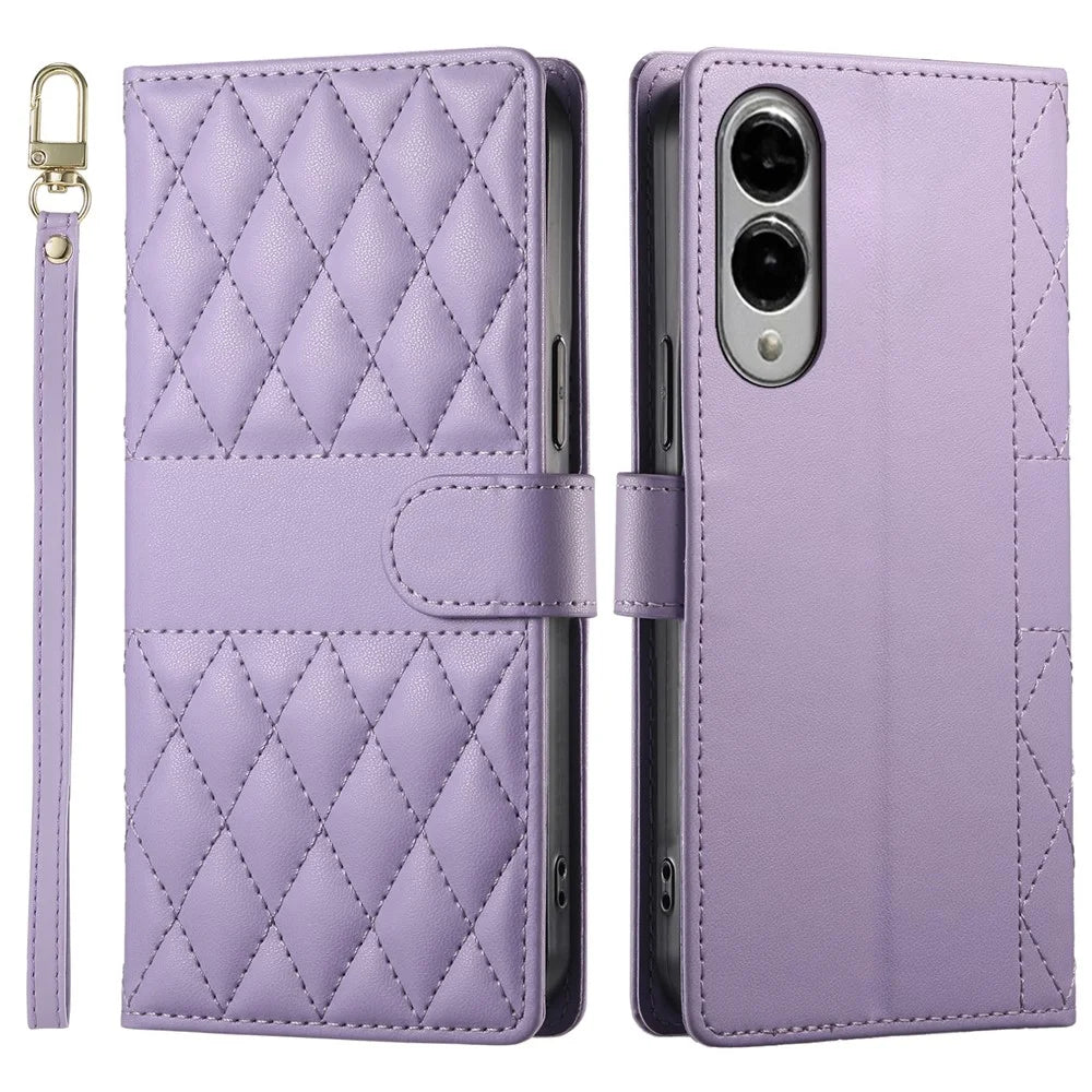 For Samsung Galaxy S25 Edge Case Rhombus Stitching Wallet Stand Leather Phone Cover with Long  /  Short Strap - Purple - 1