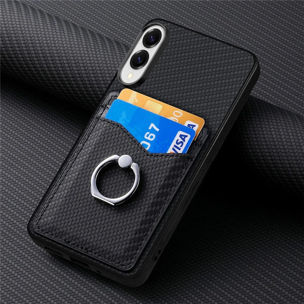 For Samsung Galaxy S25 Edge Case Card Slots Ring Holder Kickstand Phone Cover - Black - 6