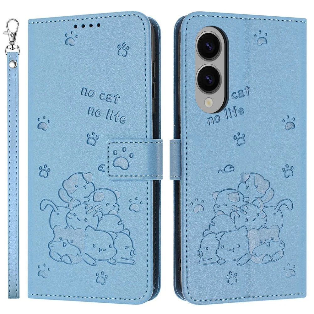 For Samsung Galaxy S25 Edge Wallet Case Cats Imprint Leather Phone Cover with Strap - Blue - 1