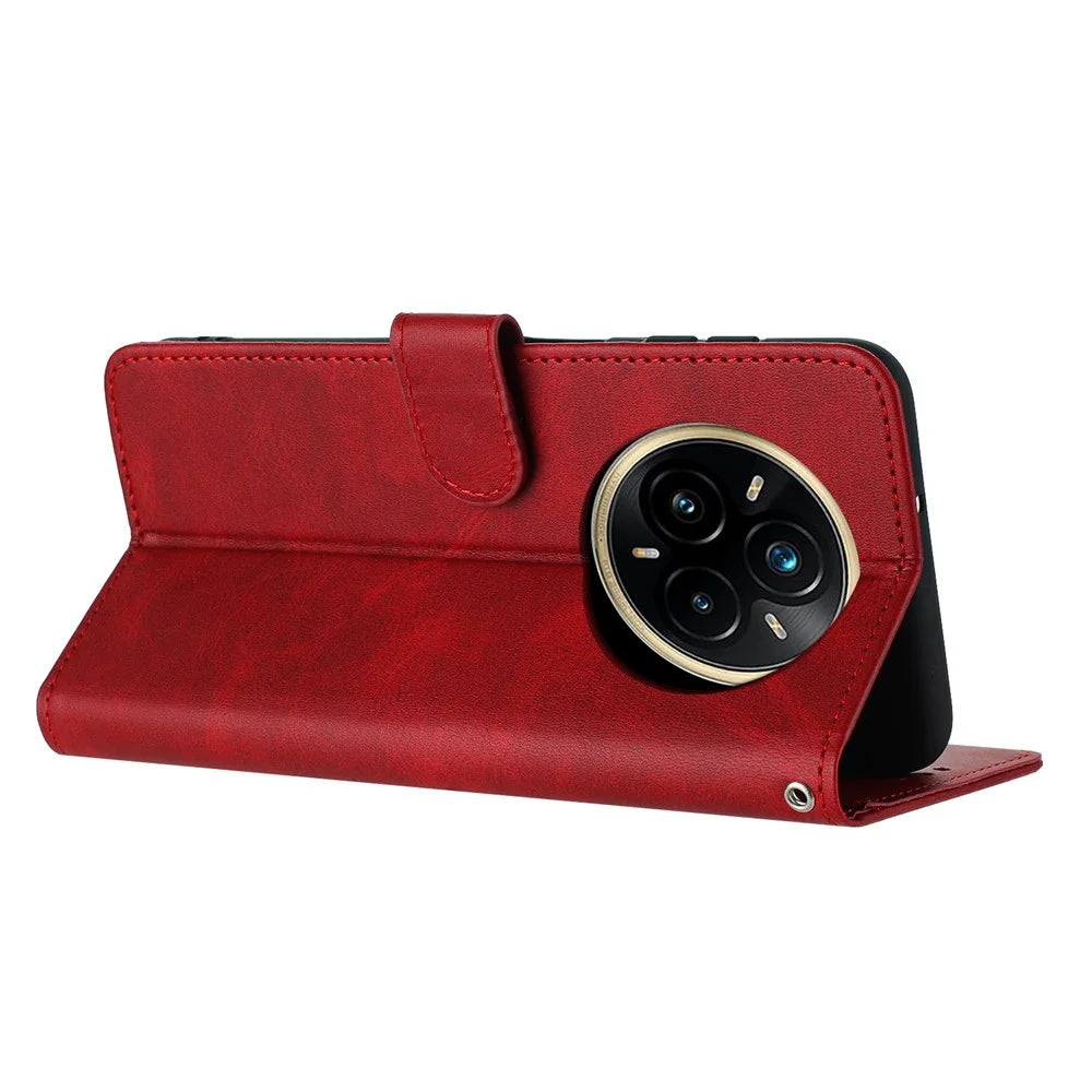 For Realme 14 Pro+ 5G Case Flip Stand PU Leather Wallet Phone Cover Calf Texture - Red - 3