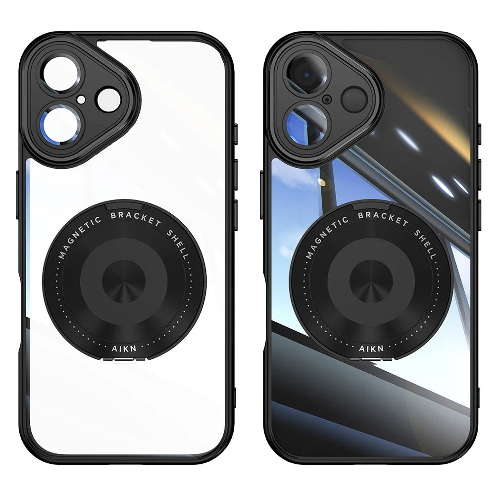 For iPhone 16 Magnetic Case PC + TPU Phone Cover with Rotating Metal Kickstand, Lens Protector - Black - 1