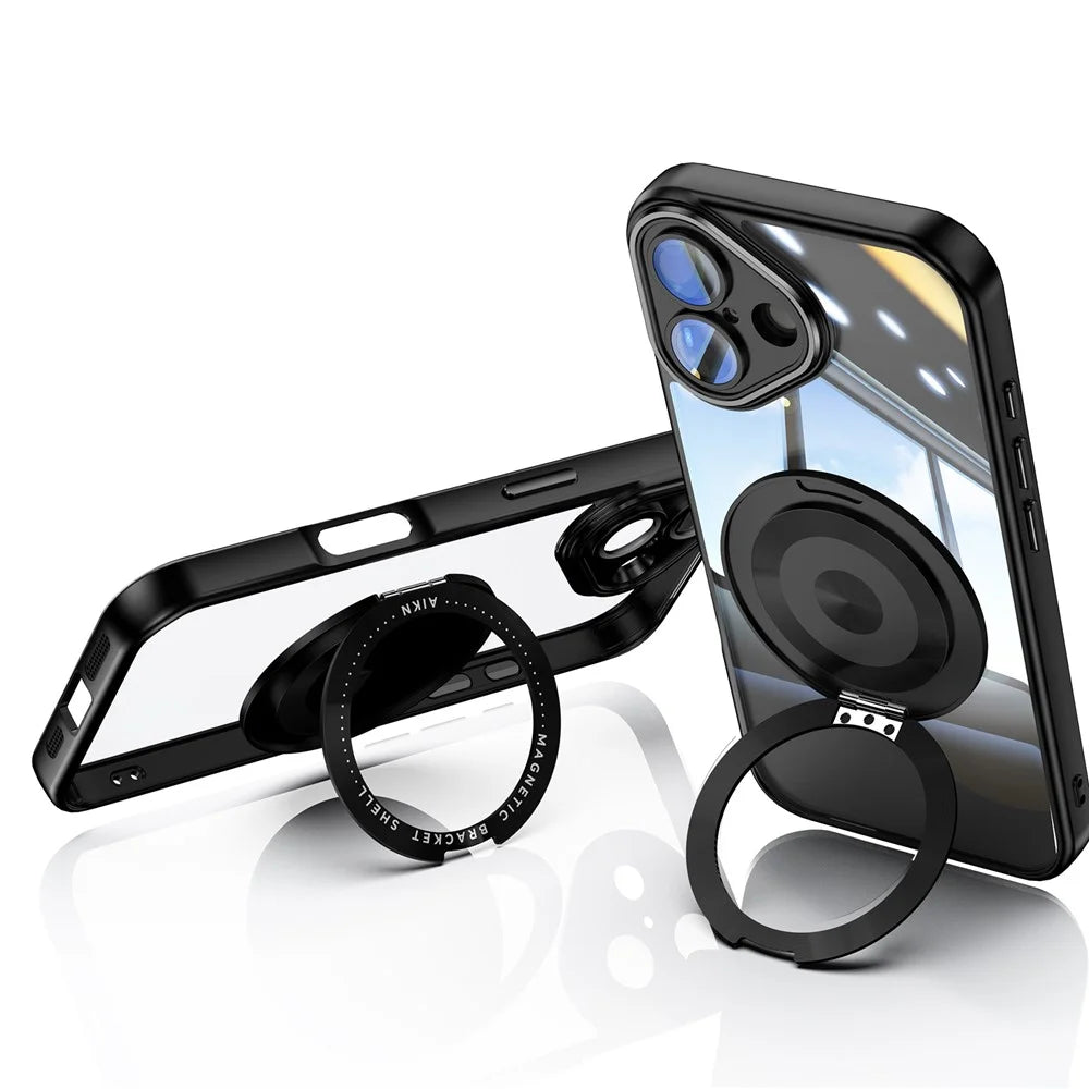 For iPhone 16 Magnetic Case PC + TPU Phone Cover with Rotating Metal Kickstand, Lens Protector - Black - 2