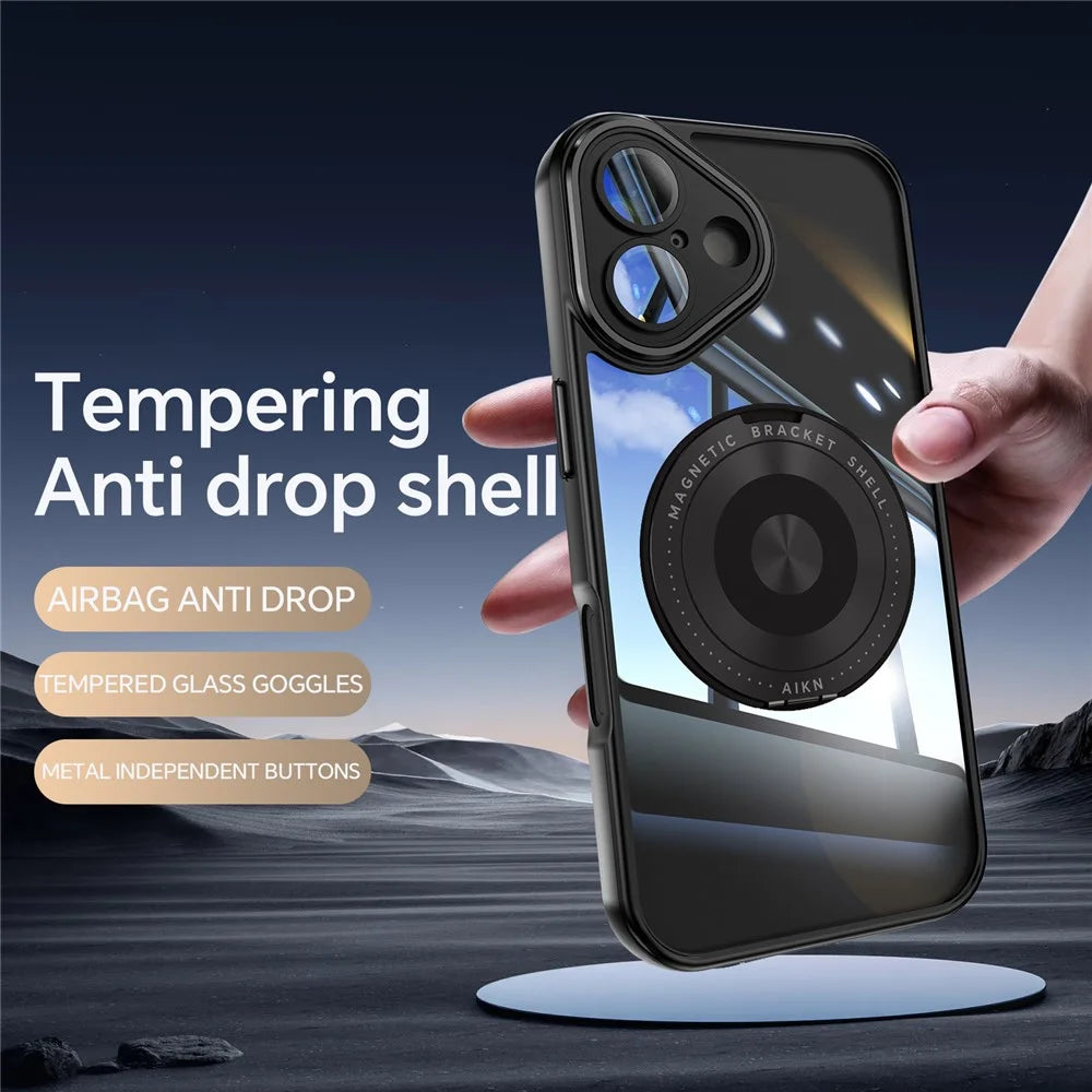 For iPhone 16 Magnetic Case PC + TPU Phone Cover with Rotating Metal Kickstand, Lens Protector - Black - 3