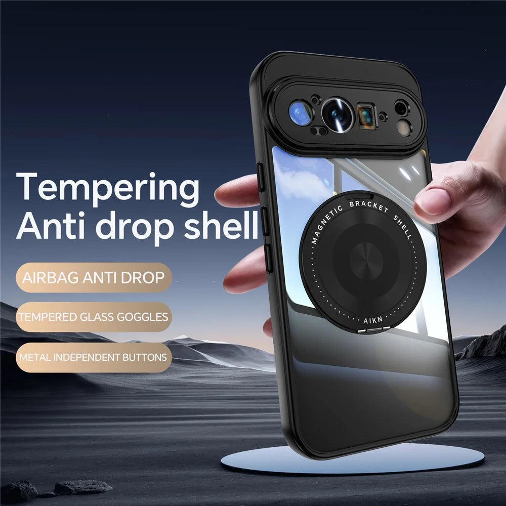 For Google Pixel 9 Pro XL Magnetic Case PC + TPU Phone Cover with Rotating Metal Kickstand, Lens Protector - Black - 3