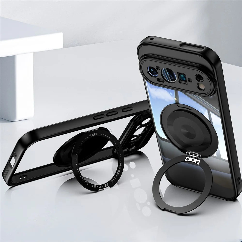 For Google Pixel 9 Pro XL Magnetic Case PC + TPU Phone Cover with Rotating Metal Kickstand, Lens Protector - Black - 4
