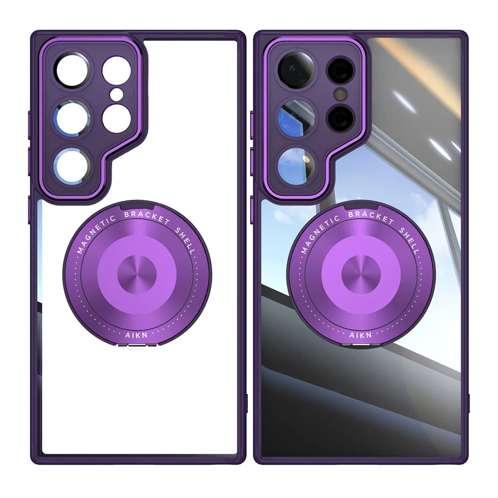 For Samsung Galaxy S25 Ultra Magnetic Case PC + TPU Phone Cover with Rotating Metal Kickstand, Lens Protector - Dark Purple - 1