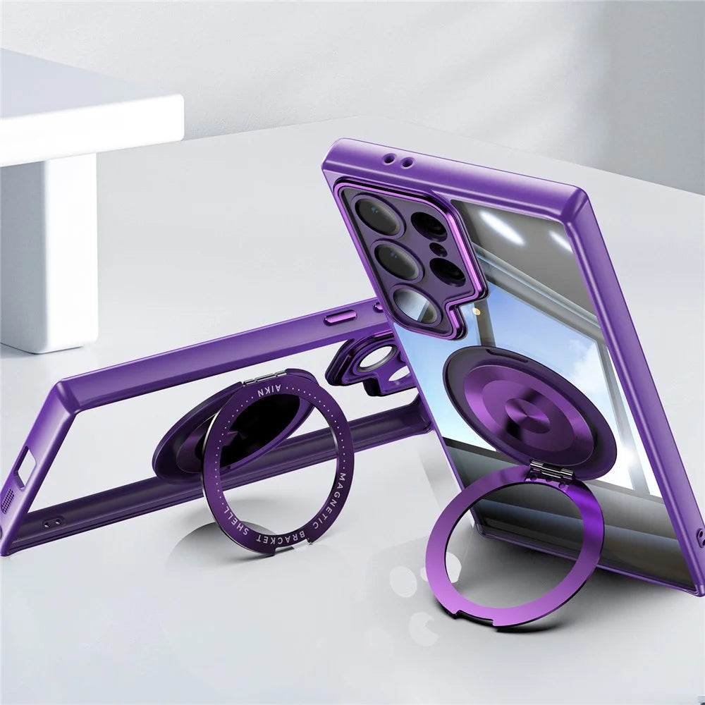 For Samsung Galaxy S25 Ultra Magnetic Case PC + TPU Phone Cover with Rotating Metal Kickstand, Lens Protector - Dark Purple - 3