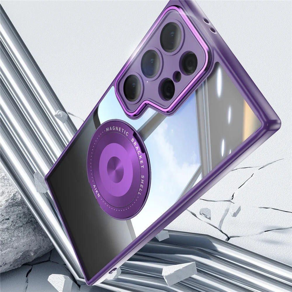 For Samsung Galaxy S25 Ultra Magnetic Case PC + TPU Phone Cover with Rotating Metal Kickstand, Lens Protector - Dark Purple - 4