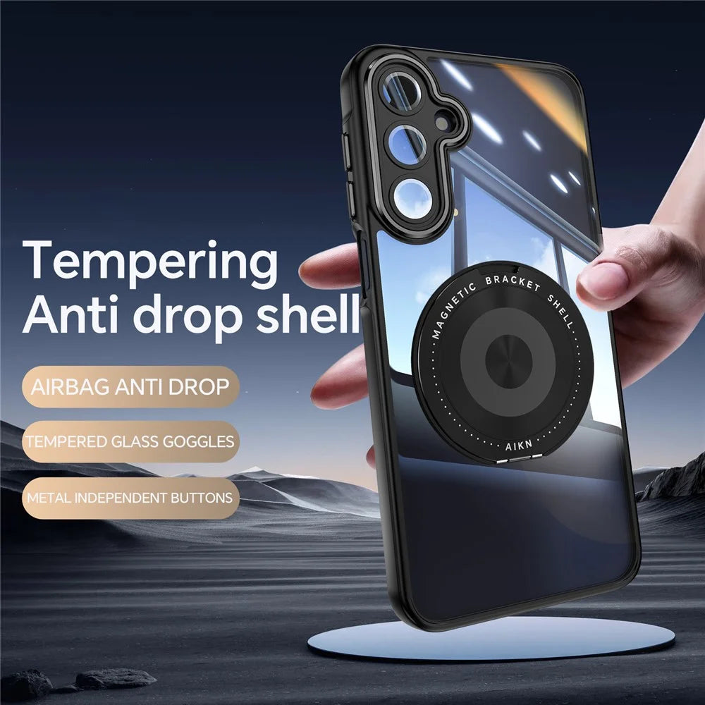 For Samsung Galaxy A16 4G / 5G Magnetic Case PC + TPU Phone Cover with Rotating Metal Kickstand, Lens Protector - Black - 3