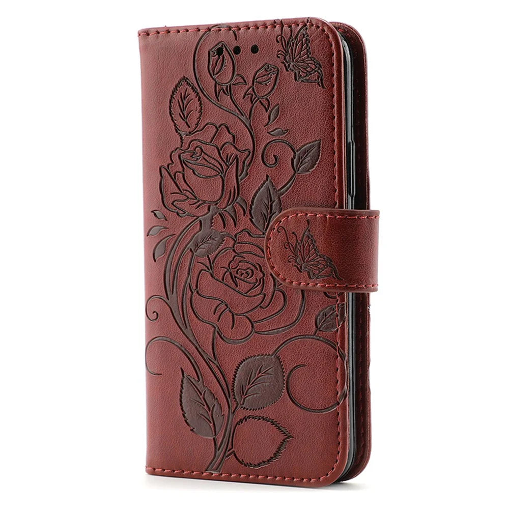 For Google Pixel 8 Pro Case Wallet Stand Imprinted Rose Butterfly PU Leather Phone Cover - Brown - 4