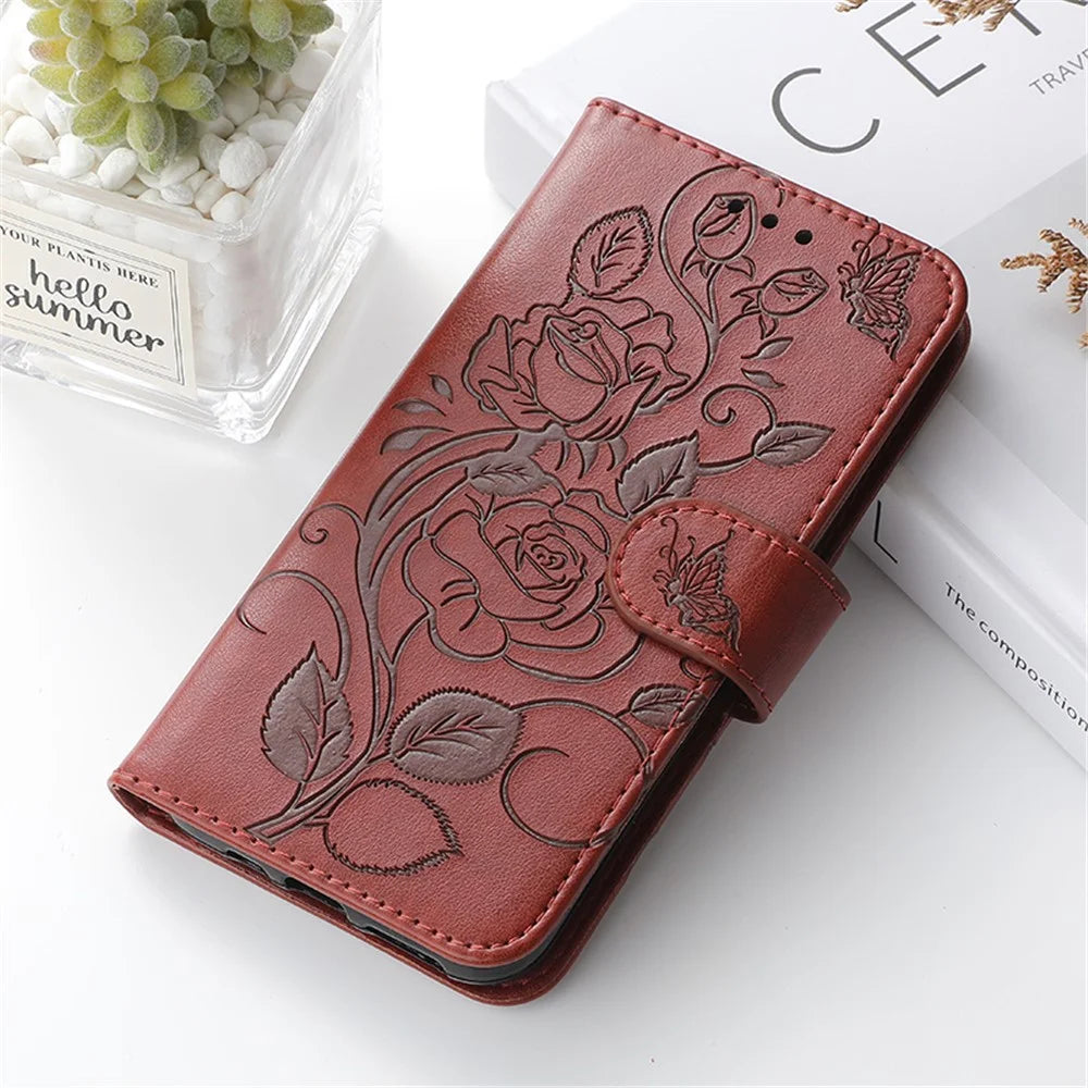 For Samsung Galaxy A05s 4G Case Wallet Stand Imprinted Rose Butterfly PU Leather Phone Cover - Brown - 6