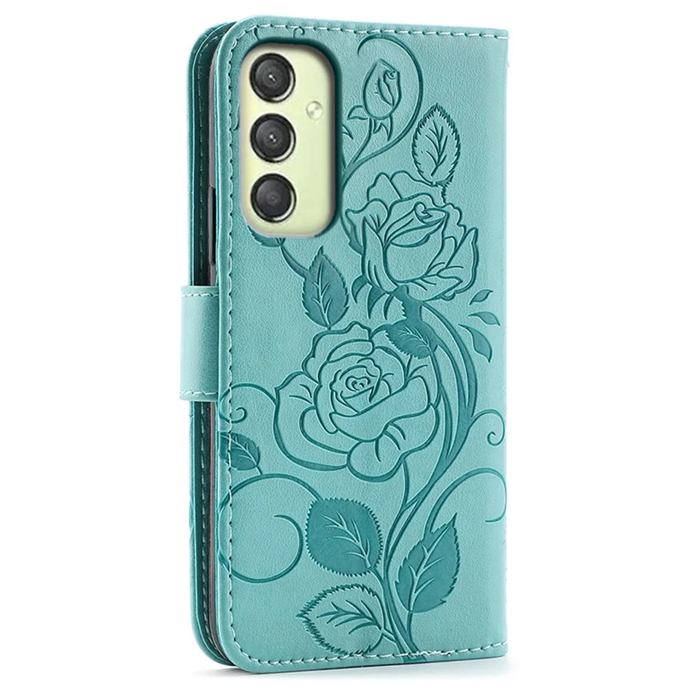 Phone Case For Samsung Galaxy A18 5G / A18 4G / A17 5G / A17 4G / A26 5G / A16 5G / A16 4G Wallet Stand Imprinted Rose Butterfly PU Leather Cover - Green - 5
