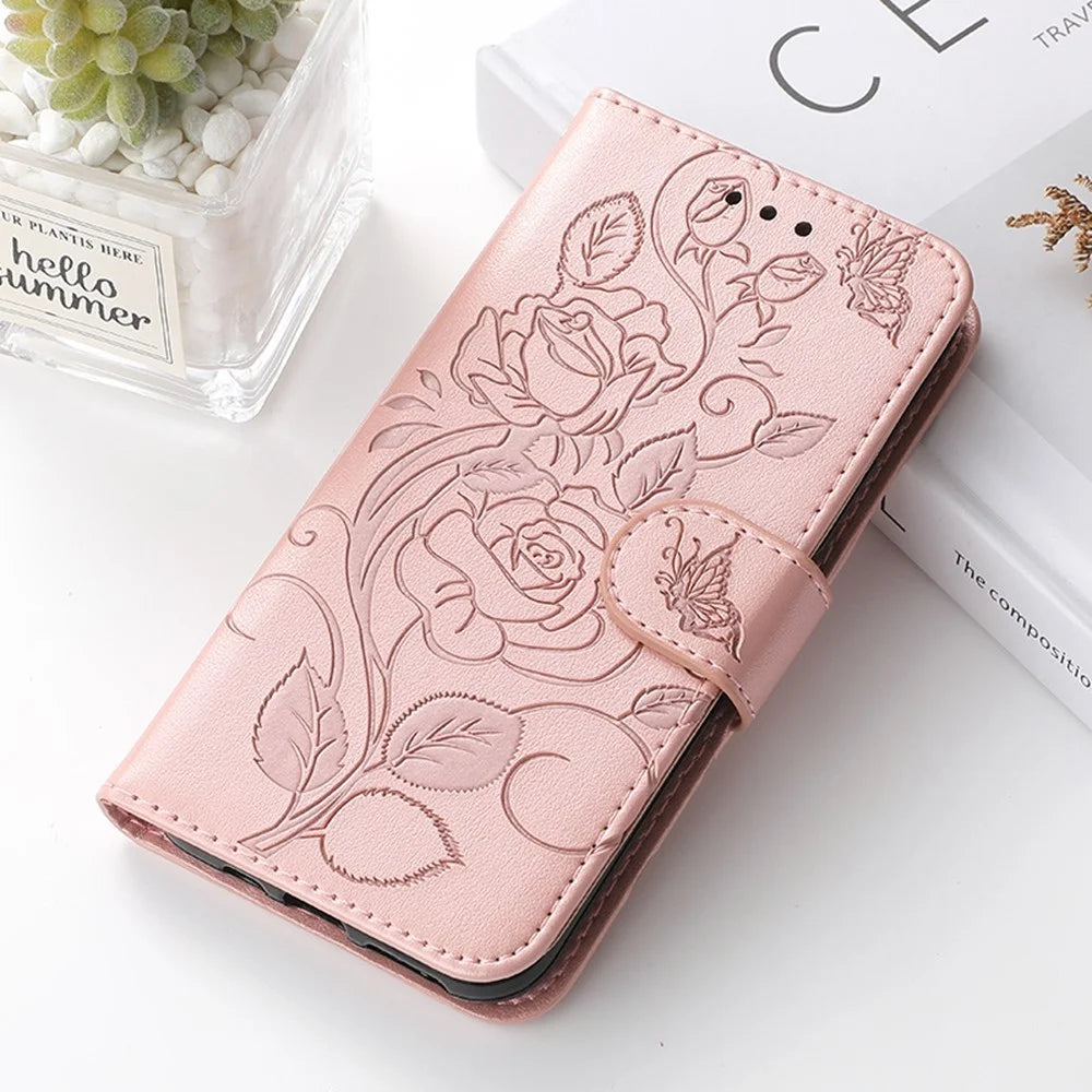For Samsung Galaxy A36 5G Case Wallet Stand Imprinted Rose Butterfly PU Leather Phone Cover - Rose Gold - 6