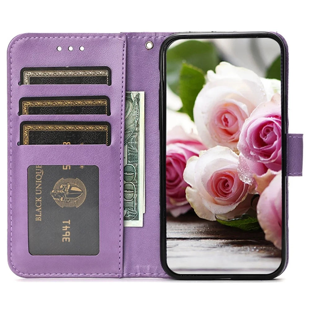 For iPhone 16 Pro Case Wallet Stand Imprinted Rose Butterfly PU Leather Phone Cover - Purple - 2
