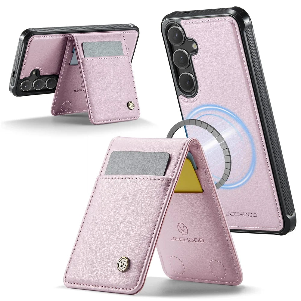 JEEHOOD For Samsung Galaxy S25 Leather Back Cover Magnetic Case  J06 Phone Case with Card Bag RFID Blocking - Pink - 2