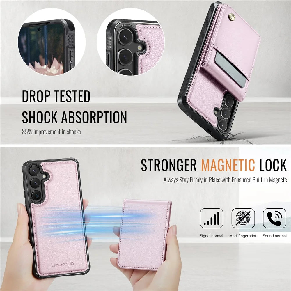 JEEHOOD For Samsung Galaxy S25 Leather Back Cover Magnetic Case  J06 Phone Case with Card Bag RFID Blocking - Pink - 5