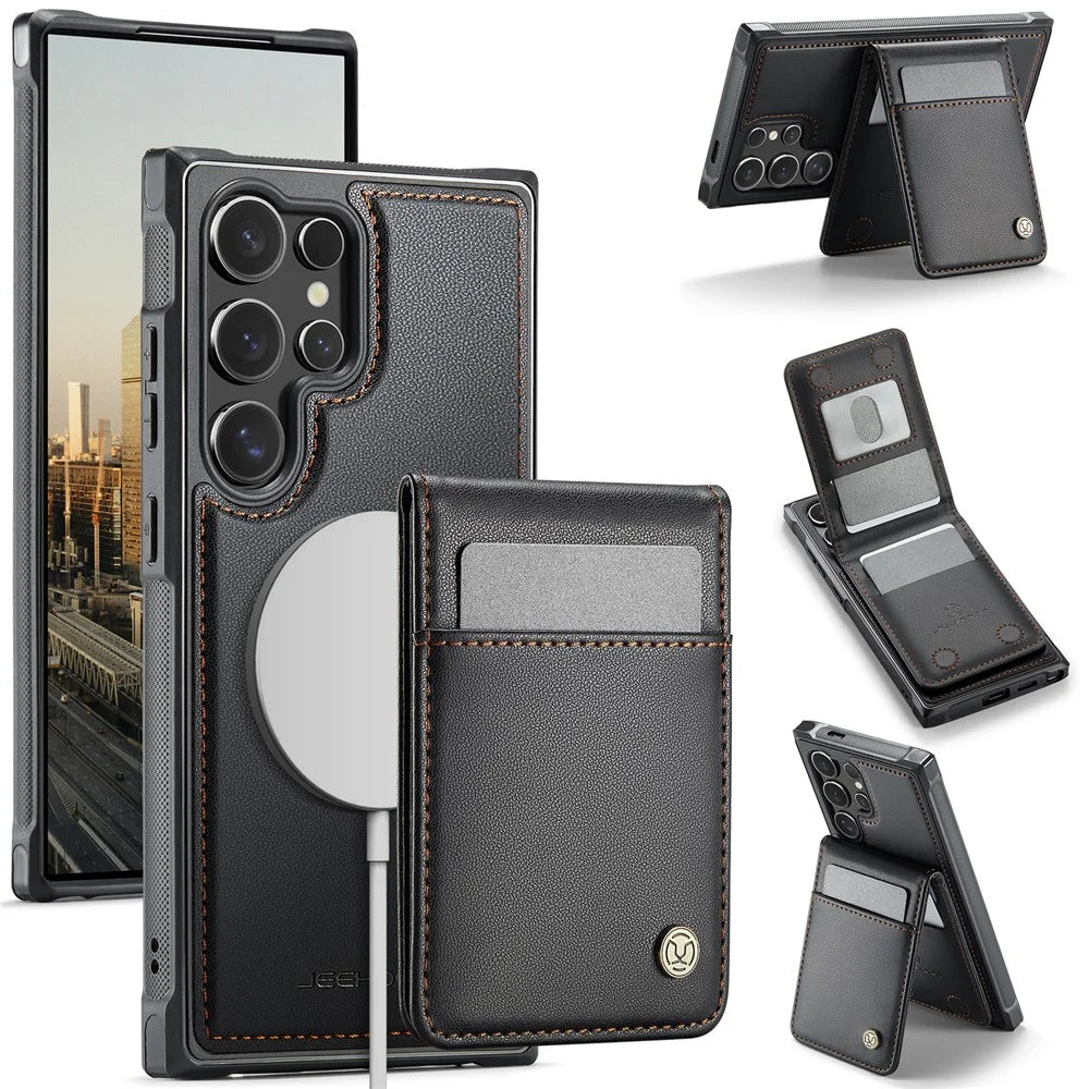JEEHOOD For Samsung Galaxy S24 Ultra Leather Back Cover Magnetic Case  J06 Phone Case with Card Bag RFID Blocking - Black - 1