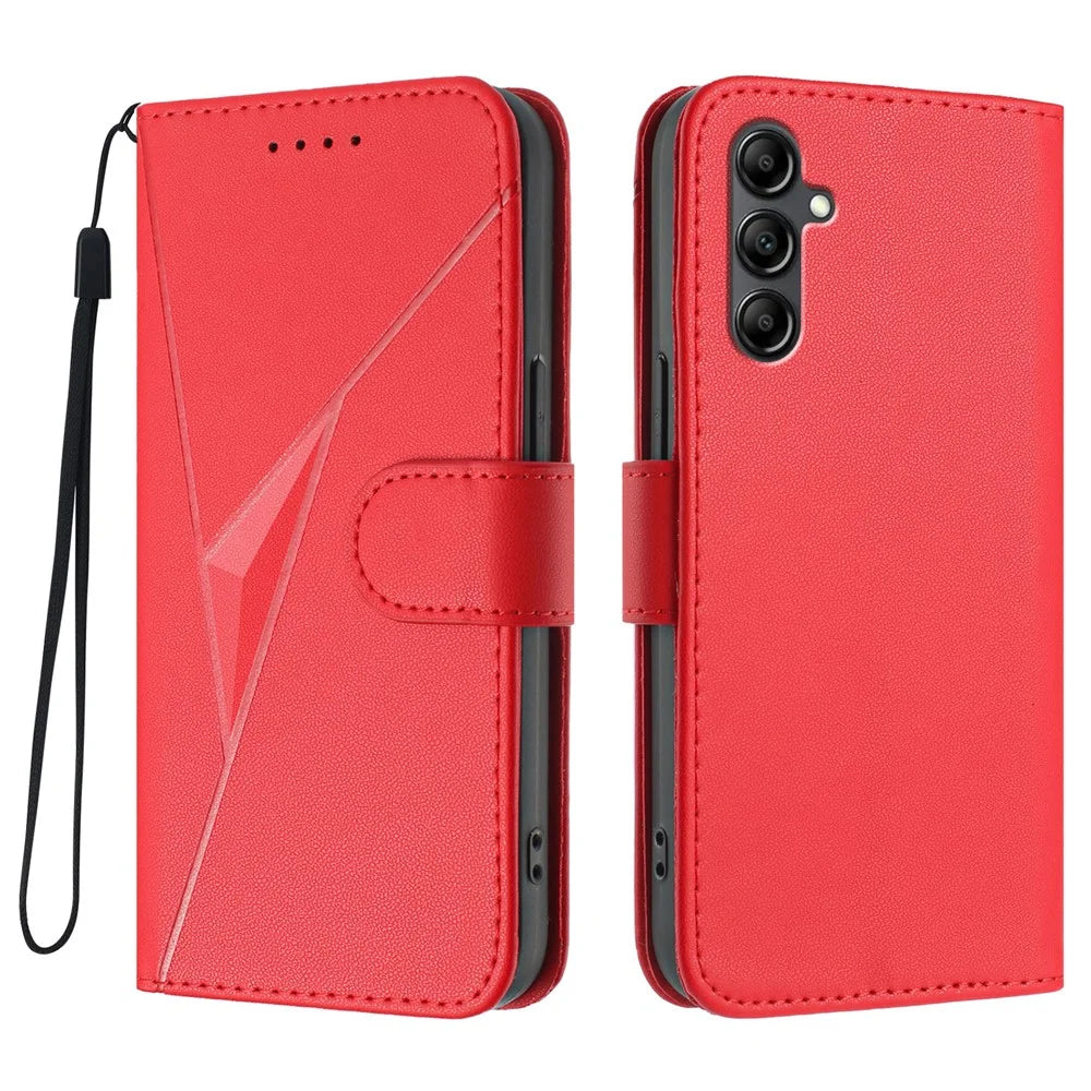 For Samsung Galaxy A15 5G / Galaxy A15 4G Case Triangle Imprint Leather Phone Cover with Lanyard - Red - 1