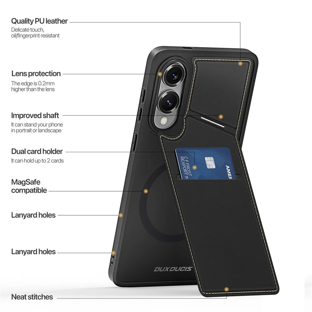 DUX DUCIS For Samsung Galaxy S25 Edge Magnetic Case  Rafi II Series Leather Back Cover with RFID Blocking Card Slots - Black - 3