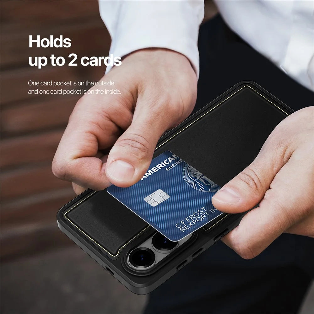 DUX DUCIS For Samsung Galaxy S25 Edge Magnetic Case  Rafi II Series Leather Back Cover with RFID Blocking Card Slots - Black - 6
