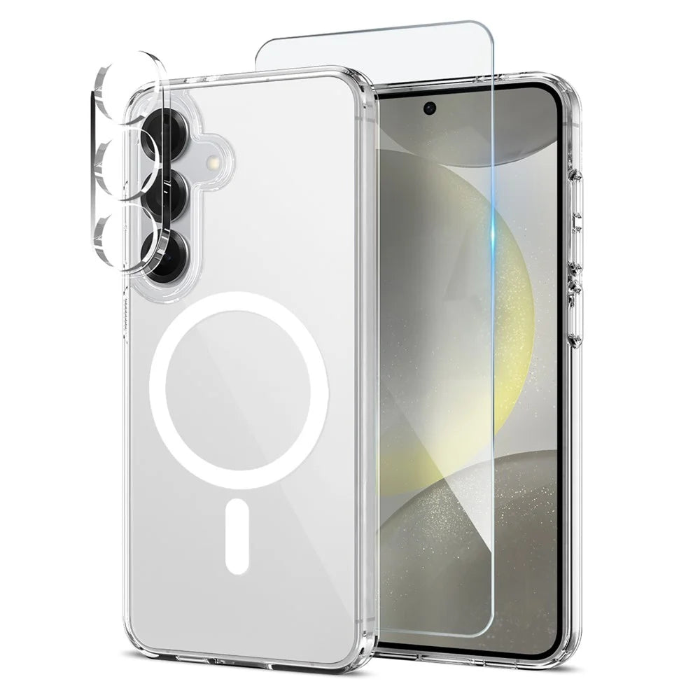 NORTHJO For Samsung Galaxy S24 Magnetic Case PC + TPU Phone Cover Set with Front Screen Protector + Lens Film - Transparent - 1