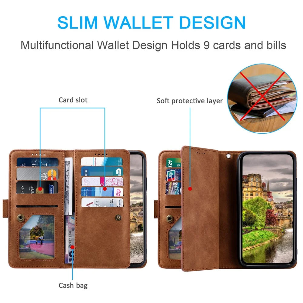 For Samsung Galaxy S25 Edge Case PU Leather Phone Cover with Zipper Wallet 9 Card Slots - Brown - 5