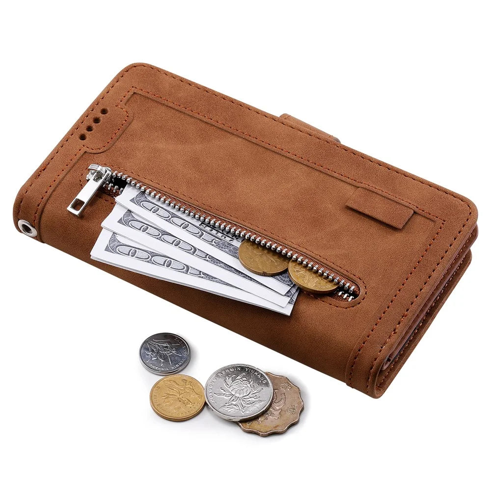 For Samsung Galaxy S25 Edge Case PU Leather Phone Cover with Zipper Wallet 9 Card Slots - Brown - 6